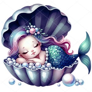 17 Clipart aquarelle sirène, lot de cliparts aquarelle sirène, clipart anniversaire, clipart fête sirène, mignons animaux marins PNG, coquillages
