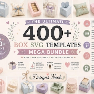 Puede incluir: Una colección digital de más de 400 plantillas de cajas SVG con diversas formas y tamaños en colores pastel. La imagen muestra numerosas cajas de papel ensambladas, incluyendo estilos de corazón, estrella y almohada, junto a texto descriptivo.