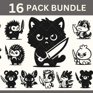 May include: A black and white illustration bundle featuring 16 cartoon animals, each holding a knife. The animals include a dog, hedgehog, cat, crocodile, deer, bull, bear, bat, horse, and dragon. The text "16 PACK BUNDLE" is at the top.