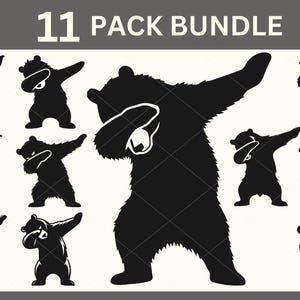 Peut inclure: Un ensemble de 11 images en silhouette noire et blanche d'ours dans une pose de dab. Les ours sont dans différentes poses et angles, certains faisant face à l'avant et d'autres de côté. Les images sont parfaites pour une utilisation dans l'artisanat, le scrapbooking ou la conception numérique.