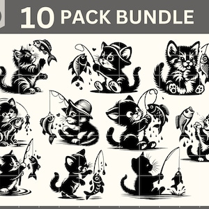 Paquete SVG de gato, gatito svg, gato capturando peces SVG, lindo gatito svg, lindo gato svg, descarga digital, archivos vectoriales, imágenes prediseñadas de gato y pez DXF
