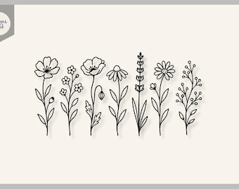 Puede incluir: Una ilustración de arte lineal en blanco y negro que presenta siete flores silvestres distintas dispuestas en fila. El diseño incluye varios pétalos, tallos y hojas, con el texto "Designs Nook" impreso en una insignia gris en la esquina superior izquierda.