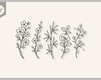 Puede incluir: Un conjunto de cinco ilustraciones botánicas de línea negra sobre un fondo crema claro, que presenta una rama de cerezo, una rama de ciruelo, un tallo de bambú, una flor de camelia y una pequeña rama floreciente, con el texto Designs Nook.