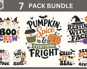 May include: A 7-pack bundle of Halloween-themed graphic designs featuring ghosts, pumpkins, and coffee cups. Text includes Boo Crew, Pumpkin Spice & Everything Fright, Resting Witch Face, Too Cute To Spook, If You've Got It Haunt It, Creep It Real, and Zero Boos Given.