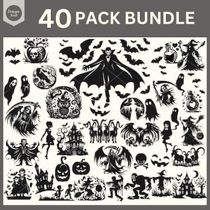 May include: A black and white digital download of 40 Halloween themed clip art images. The images include a variety of spooky characters, objects, and symbols, such as bats, ghosts, pumpkins, and witches.