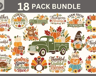 Puede incluir: Un paquete de 18 gráficos digitales con temas otoñales que incluyen calabazas, girasoles, hojas, una camioneta verde, un pavo, un gnomo y textos como Gather & Give Thanks, Pumpkin Patch, Farm Fresh y Hello Fall.