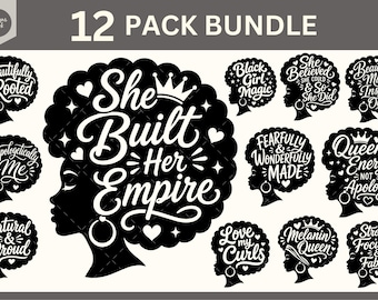 Puede incluir: Un paquete de 12 diseños gráficos en blanco y negro con siluetas de mujeres con peinados afro. Cada diseño incluye textos inspiradores como She Built Her Empire, Black Girl Magic y Queen Energy Not Apology.