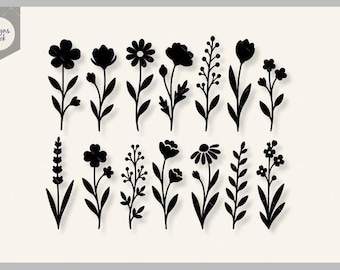 Puede incluir: Una colección de catorce ilustraciones en silueta negra de varias flores silvestres y tallos botánicos dispuestos en dos filas. Cada planta presenta formas de hojas y cabezas de flores distintas, con el texto Designs Nook en la esquina superior izquierda.