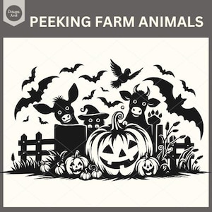 May include: Black and white illustration of farm animals peeking out from behind a fence with pumpkins and bats in the background. The text "PEEKING FARM ANIMALS" is at the top of the image.