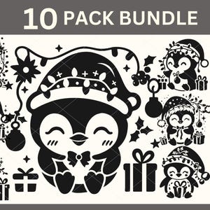 Weihnachtspinguin SVG, festliche Pinguin SVG-Schnittdatei, Weihnachtsbeleuchtung, Weihnachtsgeschenk, Weihnachtsverzierung SVG, Feiertagsdekor SVG-Bundle