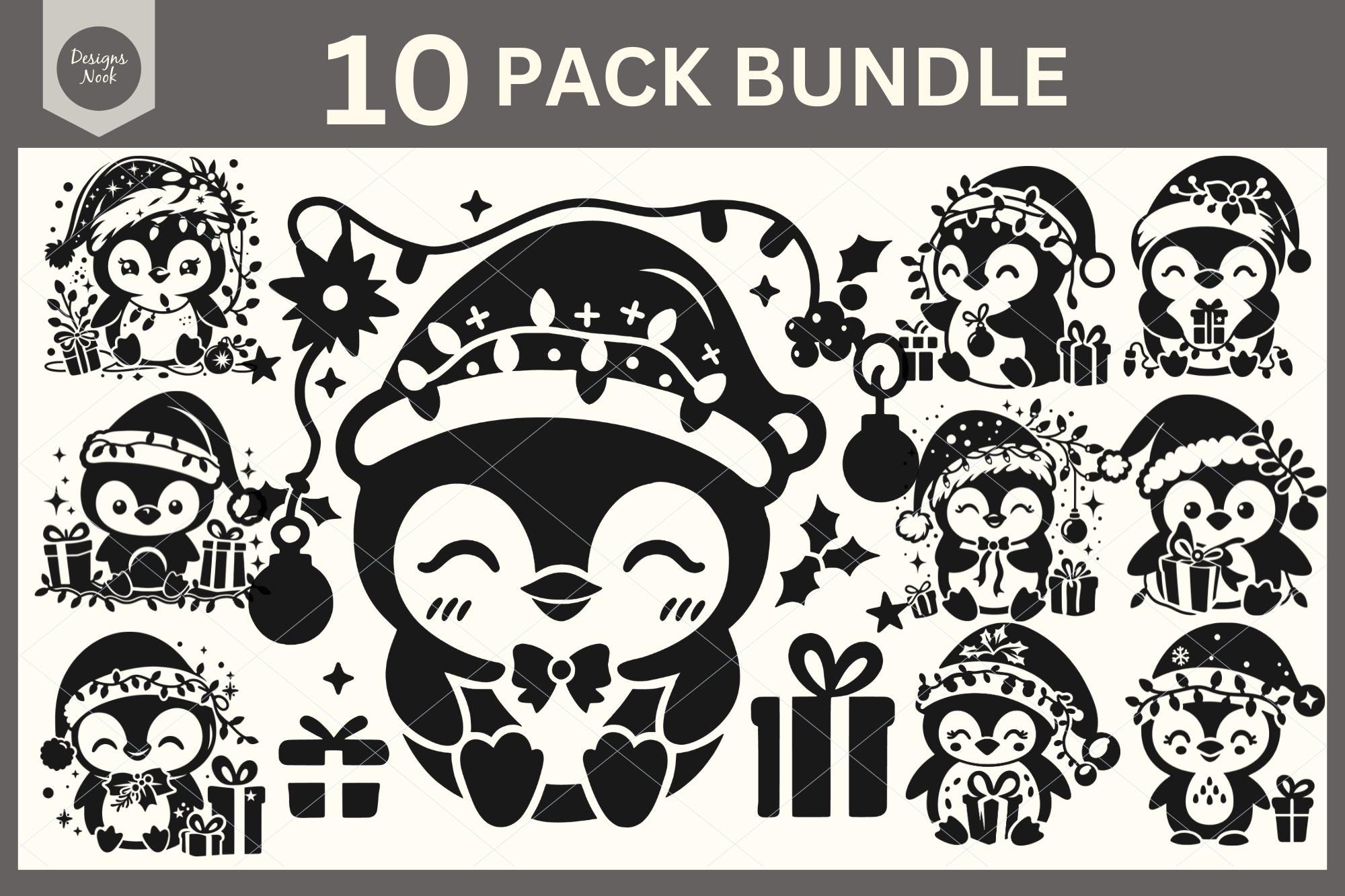 Pinguino di Natale SVG, file di taglio SVG pinguino festivo, luci di Natale, regalo di Natale, ornamento di Natale SVG, pacchetto di decorazioni natalizie SVG