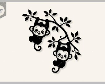 SVG de mono bebé colgando, mono lindo SVG, silueta de mono kawaii, SVG de animal bebé, SVG de animal de la selva, archivo de corte para Cricut, descarga instantánea