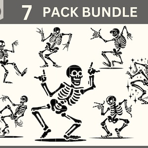 May include: A set of seven black and white skeleton illustrations in various poses. The skeletons are all in a cartoon style and have a fun, playful look. The text "7 PACK BUNDLE" is at the top of the image.