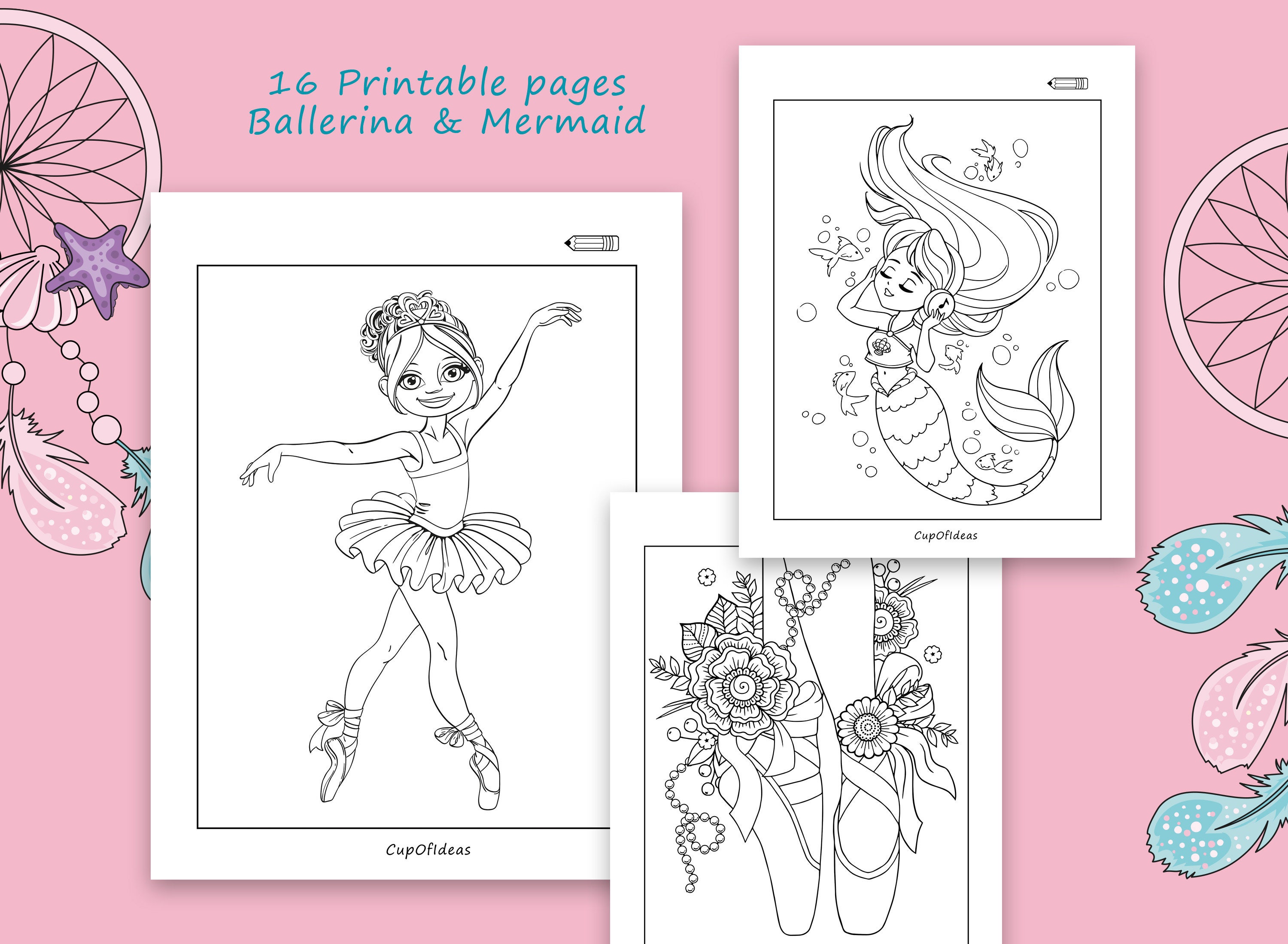 Mermaid & Ballerina coloring pages for kids Activity and | Etsy