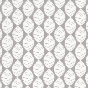 Peut inclure: Un motif sans couture de feuilles stylisées blanches sur un fond gris clair.