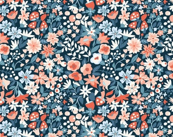 Organic POPLIN | Modern Love, Woodland Floral | Night | Indigo Denim Blue Coral Ditsy Flora | 100% GOTS Certified Cotton Fabric | Monaluna