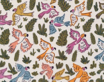 Organic QUILTING COTTON | Garden of Eden, Joyous Parrots | Green White Blue Pink Palm Bird Birds Coral | 100% GOTS Certified Fabric | Cloud9