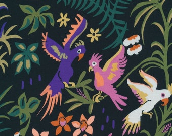 Organic QUILTING COTTON | Garden of Eden, Exuberant Cockatoos | Purple Black Green Pink Palm Floral | 100% GOTS Certified Fabric | Cloud9