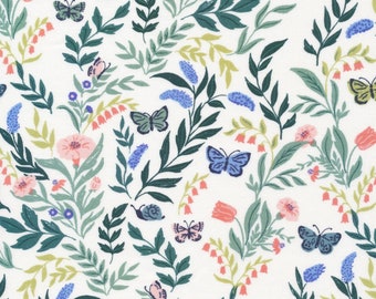 Organic QUILTING COTTON | Perennial, Flora | Floral Flowers Green Pink Blue Butterfly | 100% GOTS Certified Fabric | Cassidy Demkov | Cloud9