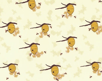 Organic POPLIN | Naturally Organic, Beehive | White | Cream Mustard Brown Bee Hive Yellow Honeycomb Baby | 100% GOTS Certified Cotton Fabric