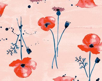 Organic POPLIN | Wanderlust, Wildflower | Poppies Poppy Flora Floral Red Blush Pink Indigo | 100% GOTS Certified Cotton Fabric | Monaluna