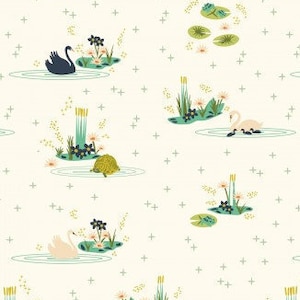Organic POPLIN | Swan Lake Main | Cream | Shell Apricot Peach Mint Green Black Frog Turtle Plus | 100% GOTS Certified Cotton Fabric | Birch