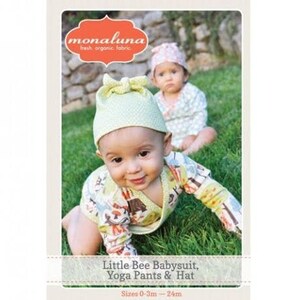 May include: A sewing pattern for a baby onesie, yoga pants, and hat. The pattern is called "Little Bee Babysuit, Yoga Pants & Hat" and is available in sizes 0-3 months to 24 months.