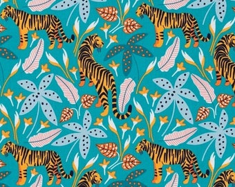 Organic QUILTING COTTON | Tropical Lush Pastel, Tigers | 100% GOTS Certified Fabric | Maria Vashchuk The Tiny Garden | Designer Fabrics Leaf