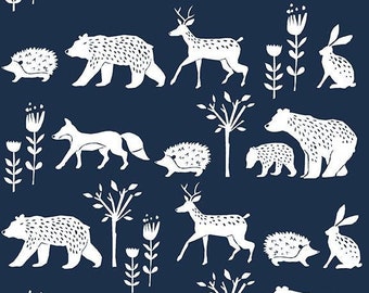 Organic POPLIN | Simple Life, Nature Walk | Navy Blue Fox Deer Wild Bear Tree Baby Boy Eco | 100% GOTS Certified Cotton Fabric | Monaluna