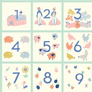 May include: A colourful illustration of numbers 1 through 9 with different farm animals and objects. The numbers are blue and the illustrations are in various colours.