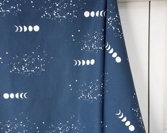 Organic POPLIN | Journey, Moon Phase | Navy Dark Blue Night Sky Stars Planets Space Baby Boy | 100% GOTS Certified Cotton Fabric | Monaluna