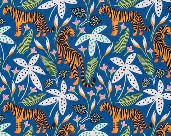Organic QUILTING COTTON | Tropical Lush Bright, Tigers | 100% GOTS Certified Fabric | Maria Vashchuk The Tiny Garden | Nerida Hansen Fabrics