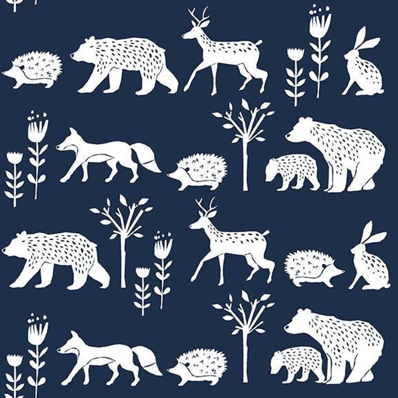 Organic POPLIN Simple Life, Nature Walk Navy Blue Fox Deer Wild Bear Tree Baby Boy Eco 100% GOTS Certified Cotton Fabric Monaluna image 1