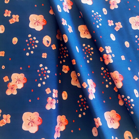 Popeline Bio Haiku 2 Fleurs De Cerisier Tombée De La Nuit Rose Corail Indigo Bleu Floral Boho Eco Bio 100 Gots Certifié Coton Tissu