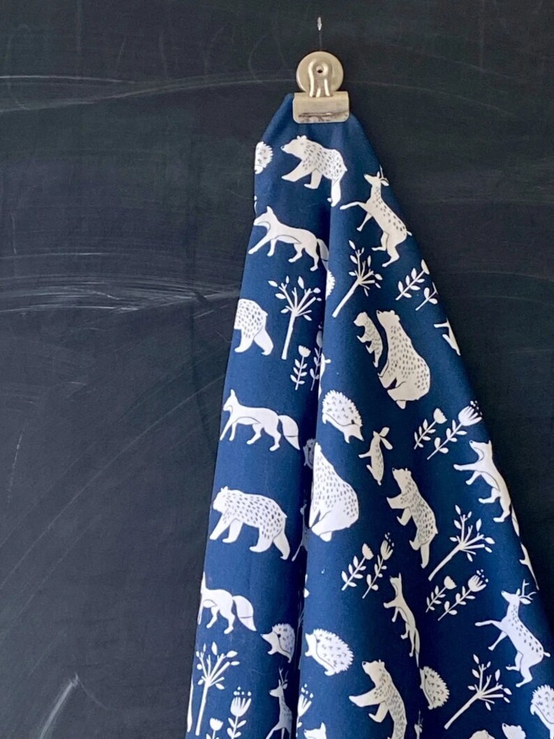 Organic POPLIN Simple Life, Nature Walk Navy Blue Fox Deer Wild Bear Tree Baby Boy Eco 100% GOTS Certified Cotton Fabric Monaluna image 3