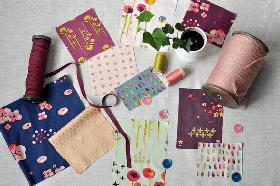 Popeline Bio Haiku 2 Fleurs De Cerisier Tombée De La Nuit Rose Corail Indigo Bleu Floral Boho Eco Bio 100 Gots Certifié Coton Tissu