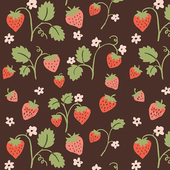 leaves and dots on navy one metre cotton poplin with small strawberries