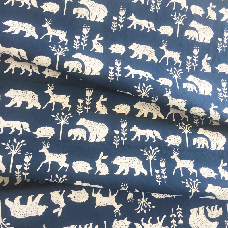 Organic POPLIN Simple Life, Nature Walk Navy Blue Fox Deer Wild Bear Tree Baby Boy Eco 100% GOTS Certified Cotton Fabric Monaluna image 4