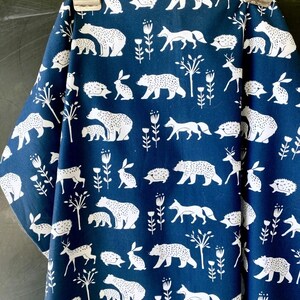 Organic POPLIN Simple Life, Nature Walk Navy Blue Fox Deer Wild Bear Tree Baby Boy Eco 100% GOTS Certified Cotton Fabric Monaluna image 2