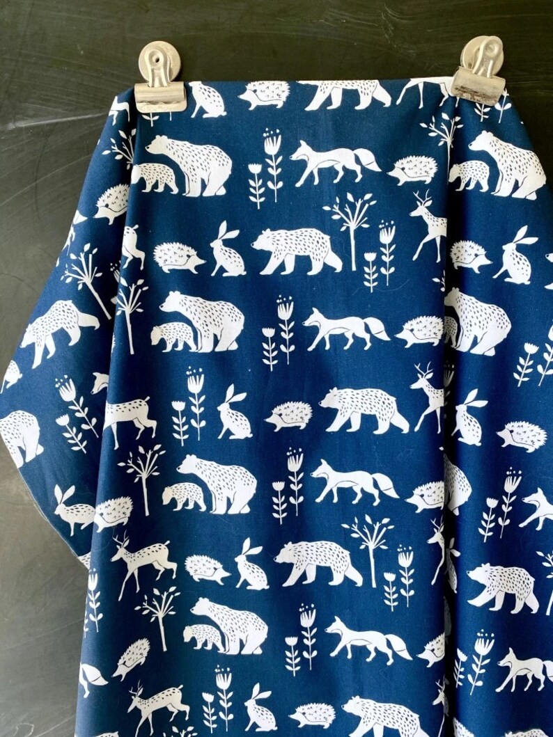 Organic POPLIN Simple Life, Nature Walk Navy Blue Fox Deer Wild Bear Tree Baby Boy Eco 100% GOTS Certified Cotton Fabric Monaluna image 2