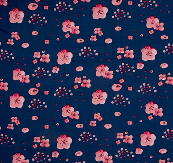 Popeline Bio Haiku 2 Fleurs De Cerisier Tombée De La Nuit Rose Corail Indigo Bleu Floral Boho Eco Bio 100 Gots Certifié Coton Tissu