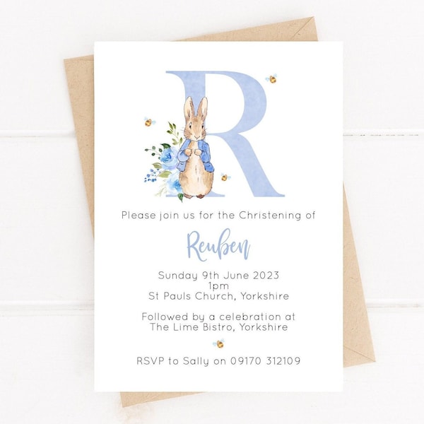 Personalised Blue Peter Rabbit Initial Christening Invitations | Baptism Invitations | Naming Day | Boys Christening | Eco-Friendly INV1