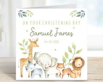 Personalised Little Safari Animal Christening Card | Baptism Card | Boy's or Girl's Christening Card | Naming Day Card |  Keepsake Card GC22