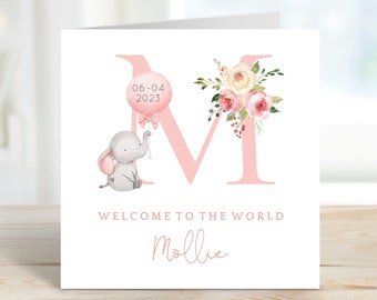 Personalised New Baby Card | Newborn Baby Card | Custom Name | Welcome To The World | Baby Girl | Little Pink Elephant | Eco-Friendly GC43