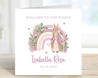 Personalised Peter Rabbit New Baby Card | Newborn Baby Card | Welcome To The World | New Baby Girl | Pink Rainbow |  Eco-Friendly GC19