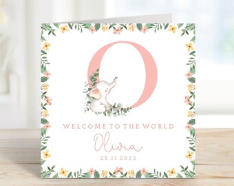 Personalised New Baby Girl Card | Newborn Baby Girl Card | Welcome To The World | New Baby Girl | Little Elephant | Safari Jungle | GC34
