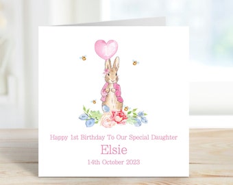 Personalised Peter Rabbit 1st Birthday Card | Flopsy Bunny Birthday Card | Peter Rabbit First Birthday | Birthday Girl | Eco-Friendly GC7