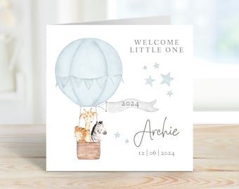 Personalised New Baby Card | Newborn Baby Card | Custom Name | Welcome To The World | Baby Boy | Hot Air Balloon Animals | Eco-Friendly GC29