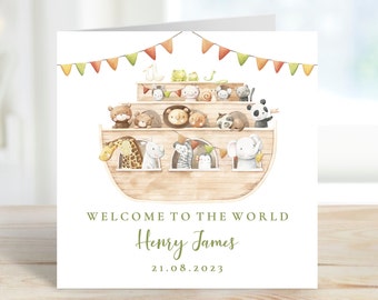 Personalised New Baby Card | Newborn Baby Card | Custom Name | Welcome To The World | Baby Boy Girl | Noah's Ark | Safari |Eco-Friendly GC31