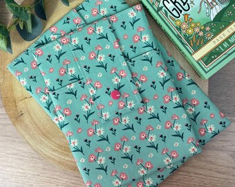 Green Floral Fabric Book Sleeve, Kindle Sleeve, Handmade Book Cosy, Book Cover, E-Reader Cover, Padded Book Protector, Bookish Gift